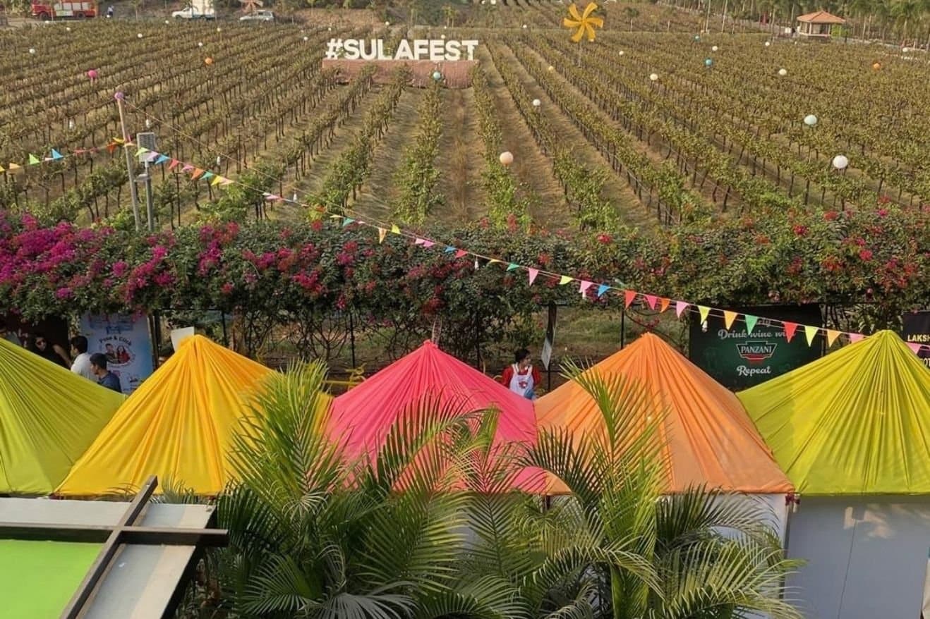 Sula Wines and Nashik: How the Region Became Associated with Indian Wine 29 A vineyard scene featuring tents and a sign reading "festival," indicating a celebratory event in a picturesque setting.