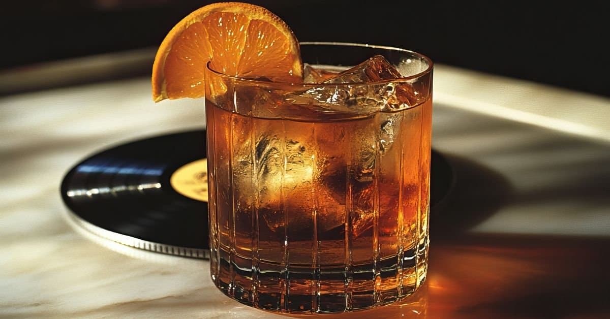 A glass of whiskey garnished with a fresh orange slice resting on the rim.