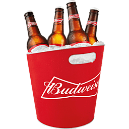 A silver ice bucket filled with ice and several Budweiser beer bottles, set on a wooden table.
