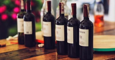 A collection of wine bottles arranged on a rustic wooden table, showcasing various labels and colors.